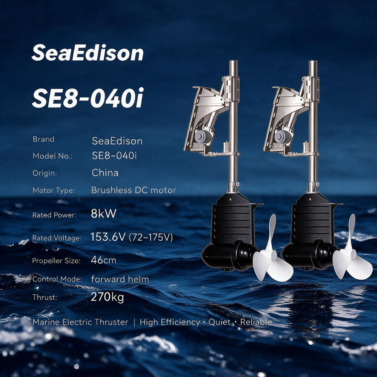 Dual 4kW Electric Boat Motors | 153.6V (72-175V) | IP67 | GPS | Station-keeping Against the Current | Thrust: 270kg